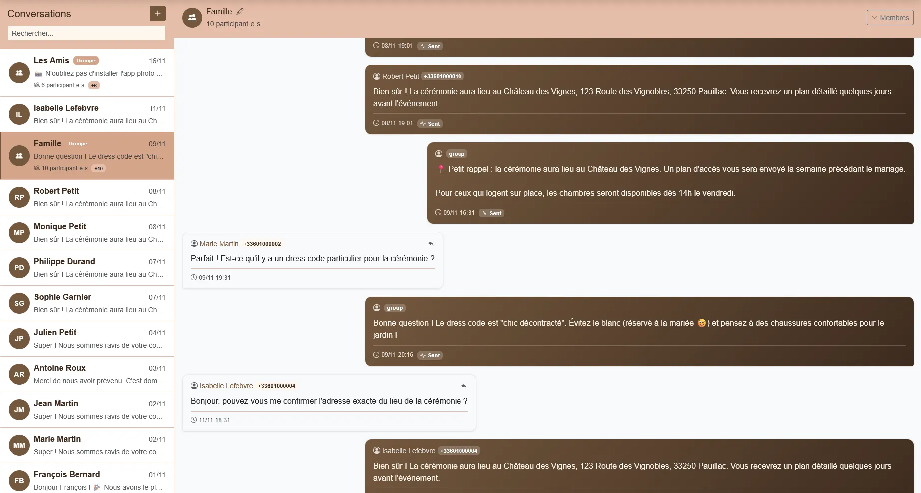 Interface de messages Wedding Valet